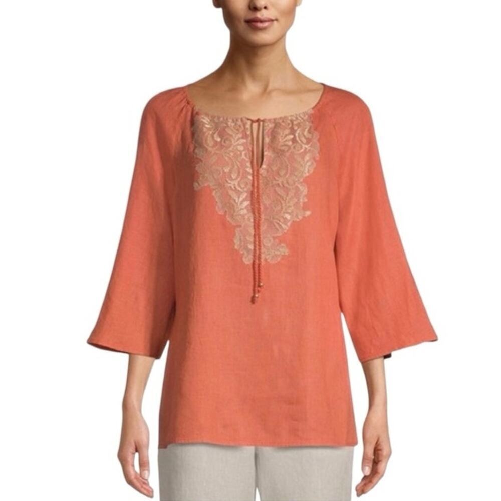 NWT Chicos Women’s 100% Linen Lace Detail Blouse Tangelo Size Small (0)